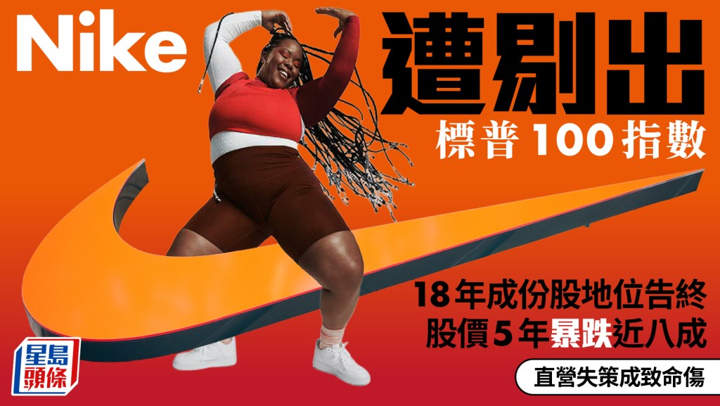 Nike遭剔出標普100指數 18年成份股地位告終 股價5年暴跌近八成 市值蒸發逾2200億 直營失策成致命傷