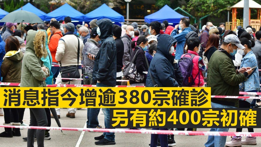消息指今日新增逾380宗新冠肺炎確診個案，另錄得約400宗初步確診個案。資料圖片