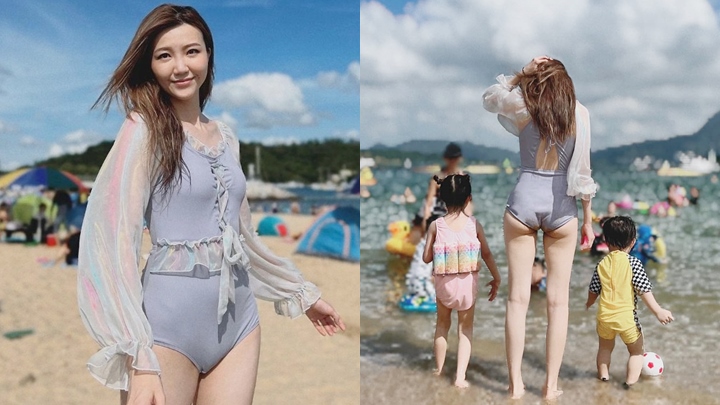 索媽吳若希沙灘消暑享受親子樂,一件頭泳衣有讚有彈。
