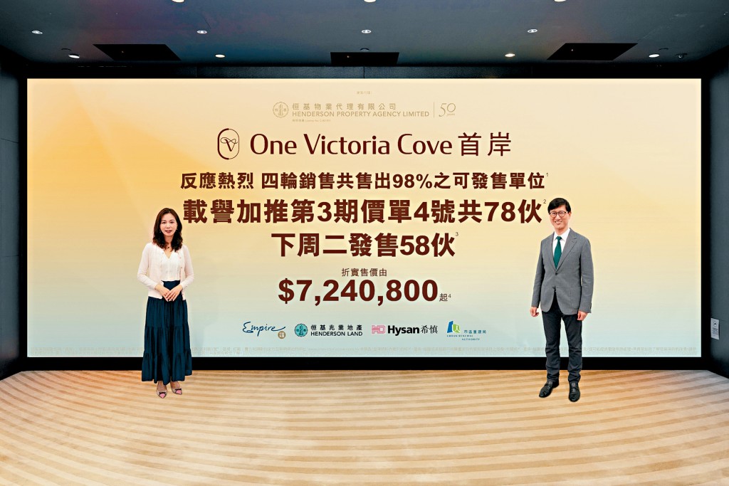 恒基韓家輝（右）表示，首岸3期昨日加推的第4號價單，涉及78伙，涵蓋兩房至三房戶型。旁為李菲茹。