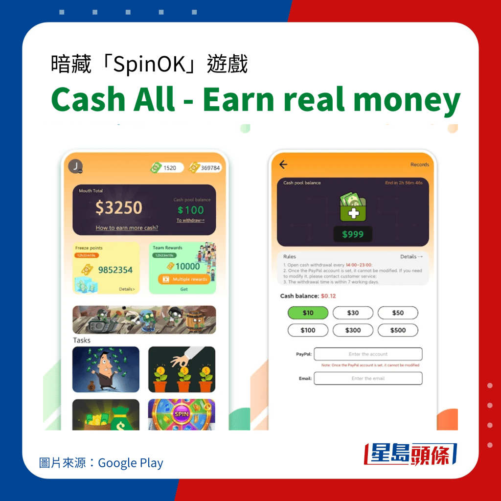 暗藏「SpinOK」手機病毒遊戲｜Cash All - Earn real money