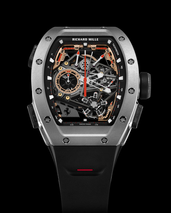 Richard Mille×Scuderia Ferrari HP RM 43-01 Manual Winding Tourbillon Split-Seconds Chronograph Ferrari，錶殼：42.9×51.2mm鈦金屬或碳纖維TPT/ 機芯：RM 43-01手上鏈/ 限量：75枚/ 售價：$11,582,000（鈦金屬）。