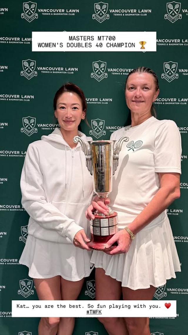 謝婷婷近日開心透露奪得網球大師賽MT700女子雙打40歲組別冠軍。