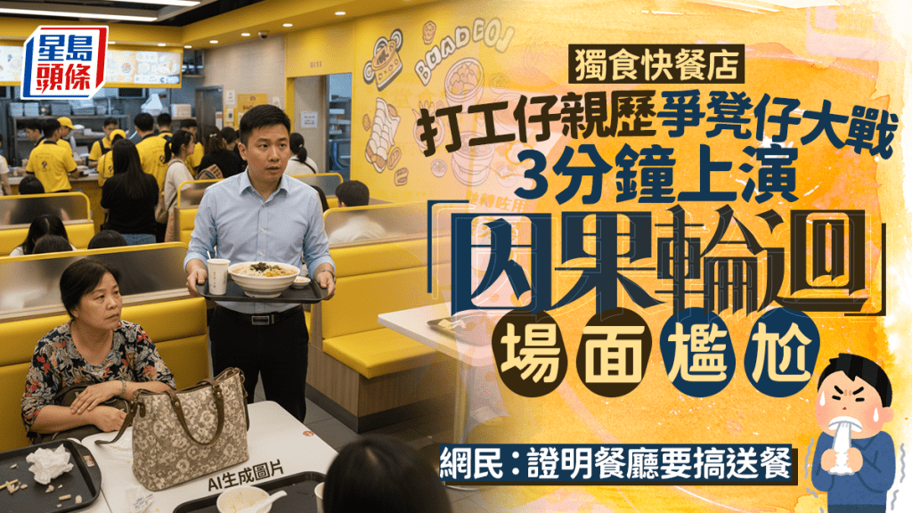 打工仔獨食快餐店  見證爭凳仔大戰 3分鐘上演「因果輪迴」場面尷尬 網民：證明餐廳要搞送餐