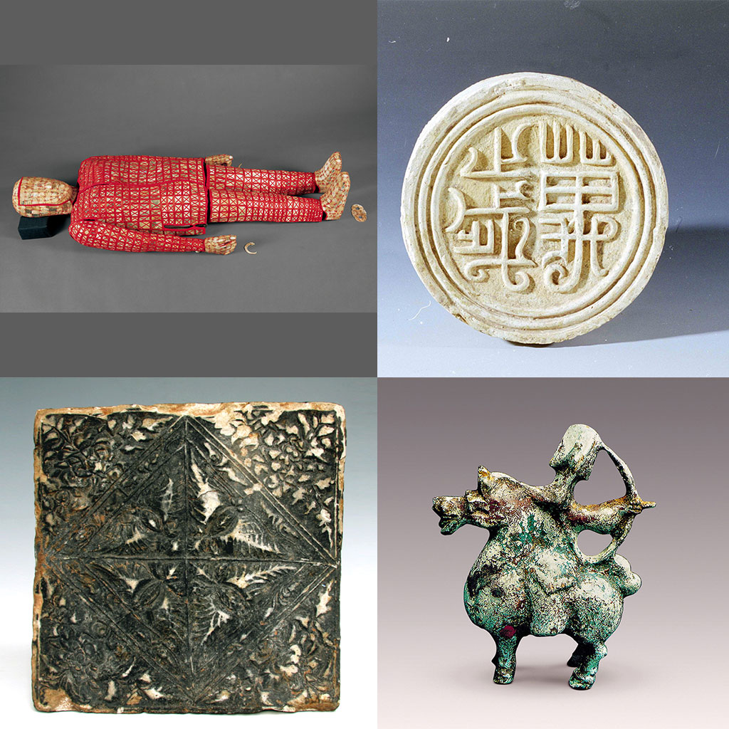 博物館明星文物：絲縷玉衣（左上）；「萬歲」瓦當（右上）；蝶戀花紋方磚（左下）；青銅騎射俑（右下）（南越王博物院官方網頁圖片）