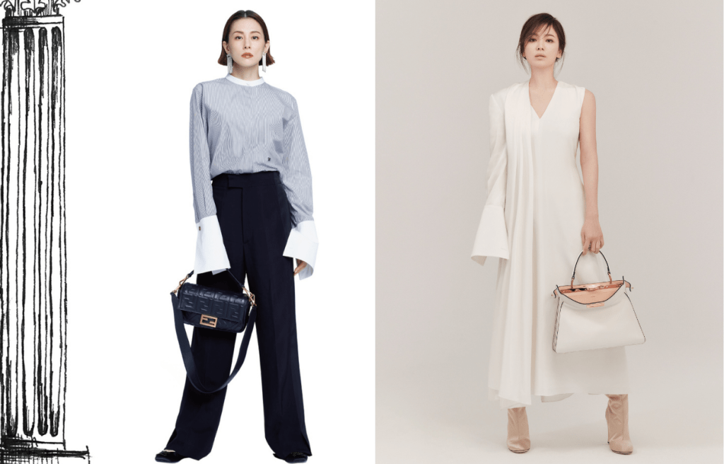 身為日本品牌大使米倉涼子（左）及韓國品牌大使宋慧喬，穿着別注系列的褲裝及裙款造型，展現不同的型格美態。