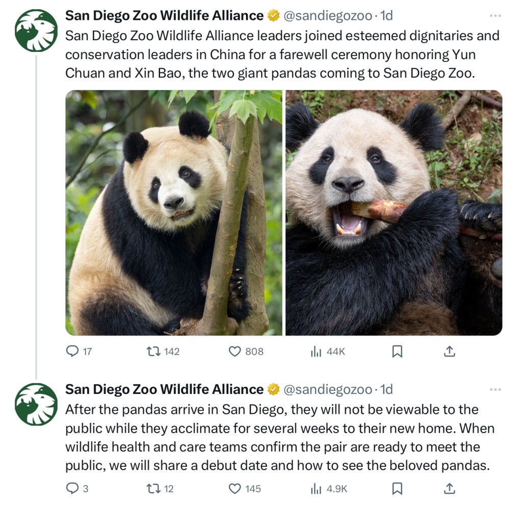 聖地亞哥動物園野生動植物聯盟發文歡迎「雲川」和「鑫寶」。