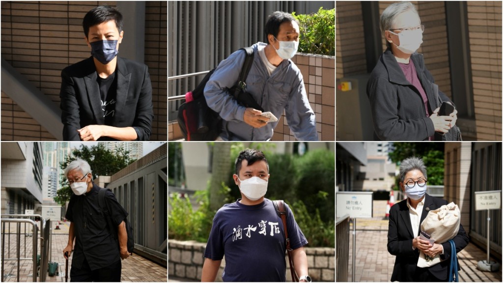 上左起被告:何韻詩、許寶強、何秀蘭。伍明輝攝;下左起被告(資料圖片):陳日君、施城威、吳靄儀。