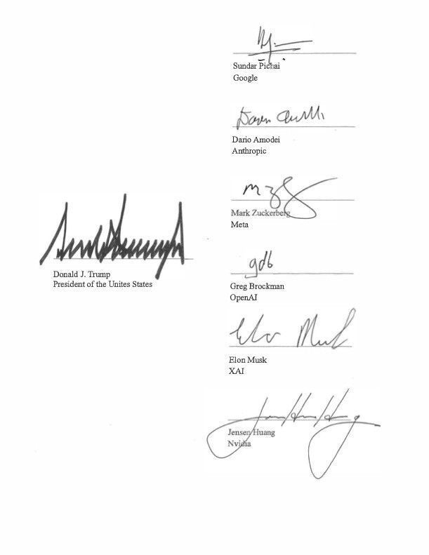 網民發現,特朗普與各科技巨頭簽署的AI協議,出現串錯字。X@whitehouse 網民發現,特朗普與各科技巨頭簽署的AI協議,出現串錯字。X@whitehouse