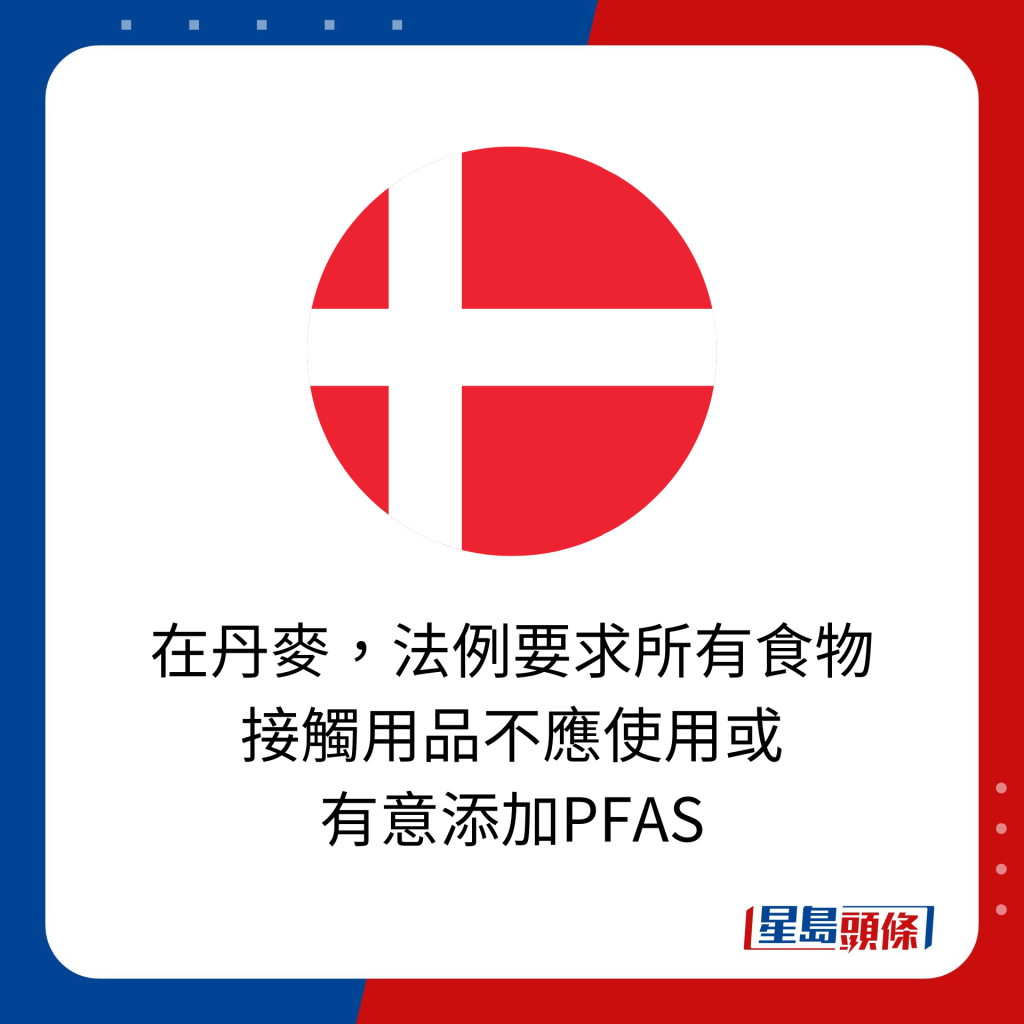 在丹麥，法例要求所有食物 接觸用品不應使用或 有意添加PFAS