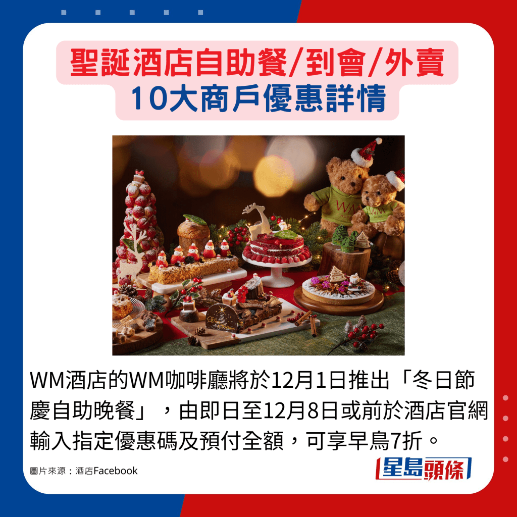 WM酒店的WM咖啡廳將於12月1日推出「冬日節慶自助晚餐」，由即日至12月8日或前於酒店官網輸入指定優惠碼及預付全額，可享早鳥7折。