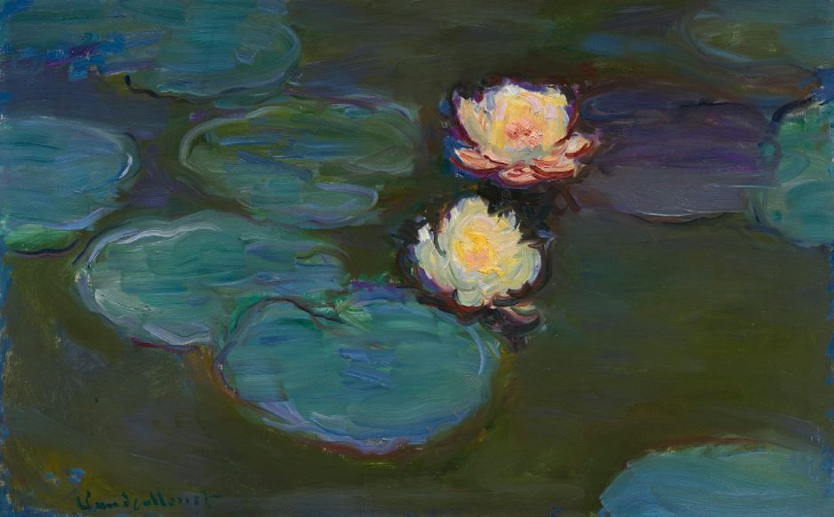 莫奈《睡蓮》1897年。莫內在吉維尼的興趣是繪畫和園藝。 這件作品近距離捕捉了池塘的表面，使它看起來像是大螢幕的一部分。 紅白色的睡蓮展開茂盛的花瓣，帶著圓形、有凹口的葉子漂浮在池塘裡。 特寫鏡頭的構圖以快速、粗糙的筆觸捕捉，並使用各種顏色（包括藍色和紫色）​​生動地繪製。