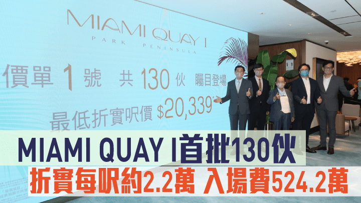 MIAMI QUAY I首批130伙,折實每呎2.2萬。