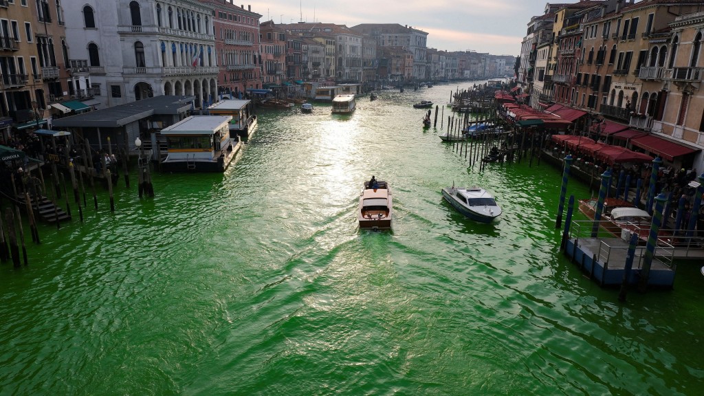 威尼斯大運河遭環保人士染成綠色。 路透社