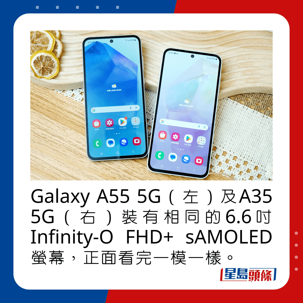 Galaxy A55 5G（左）及A35 5G（右）裝有相同的6.6吋Infinity-O FHD+ sAMOLED螢幕，正面看完一模一樣。