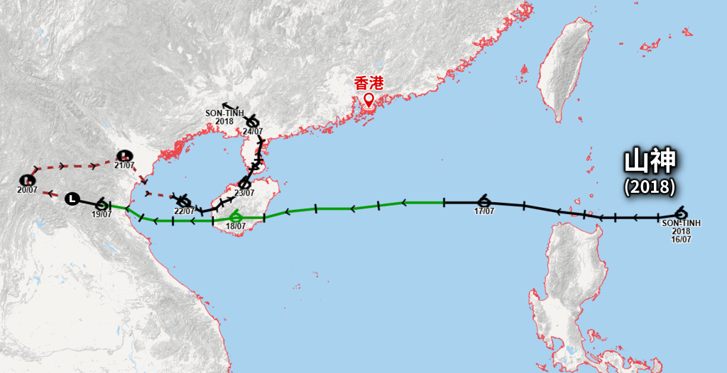 2018年「山神」的路徑。天文台《天氣隨筆》 2018年「山神」的路徑。天文台《天氣隨筆》