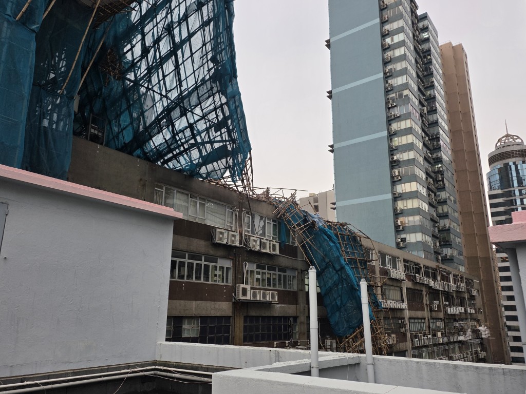 倒塌棚竹波及附近大廈天台。