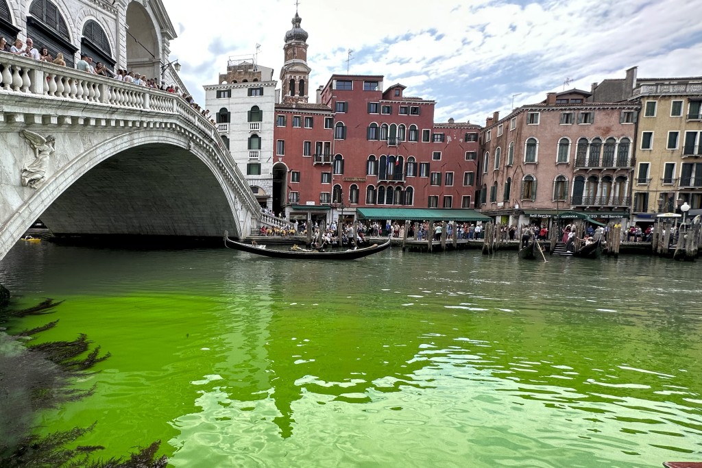 意大利威尼斯运河沿阿尔托桥河段的河水变成萤光绿。AP