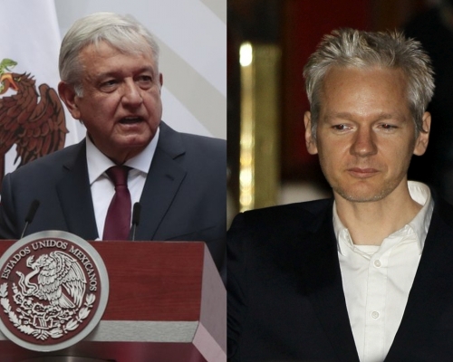 墨西哥總統洛佩斯（左）表示，墨西哥願向維基解密創辦人阿桑奇（右）提供政治庇護。ap圖