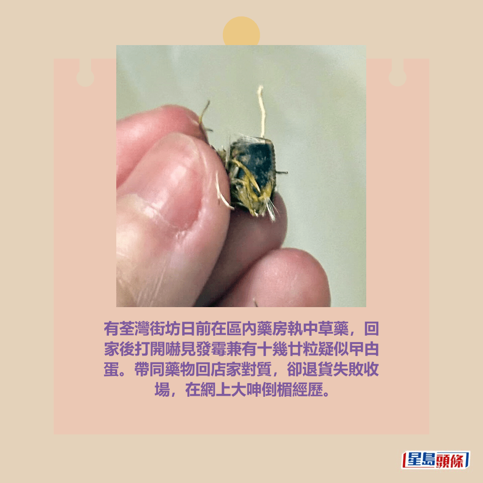 有荃灣街坊日前在區內藥房執中草藥,回 家後打開嚇見發霉兼有十幾廿粒疑似曱甴 蛋。帶同藥物回店家對質,卻退貨失敗收 場,在網上大呻倒楣經歷。Threads截圖 有荃灣街坊日前在區內藥房執中草藥,回 家後打開嚇見發霉兼有十幾廿粒疑似曱甴 蛋。帶同藥物回店家對質,卻退貨失敗收 場,在網上大呻倒楣經歷。Threads截圖