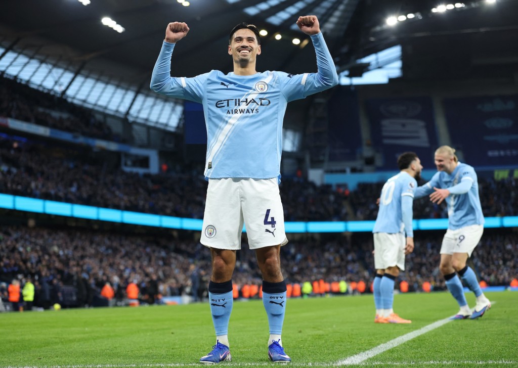 雷恩達斯為曼城射成2：0。路透社