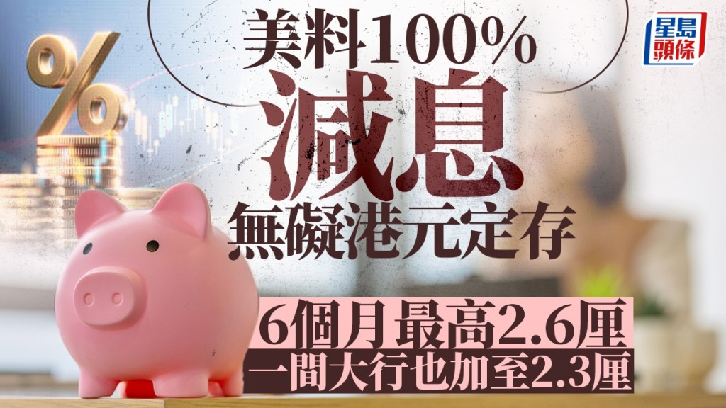 定存攻略｜美料100%減息無礙港元定存 6個月最高2.6厘 一間大行也加至2.3厘