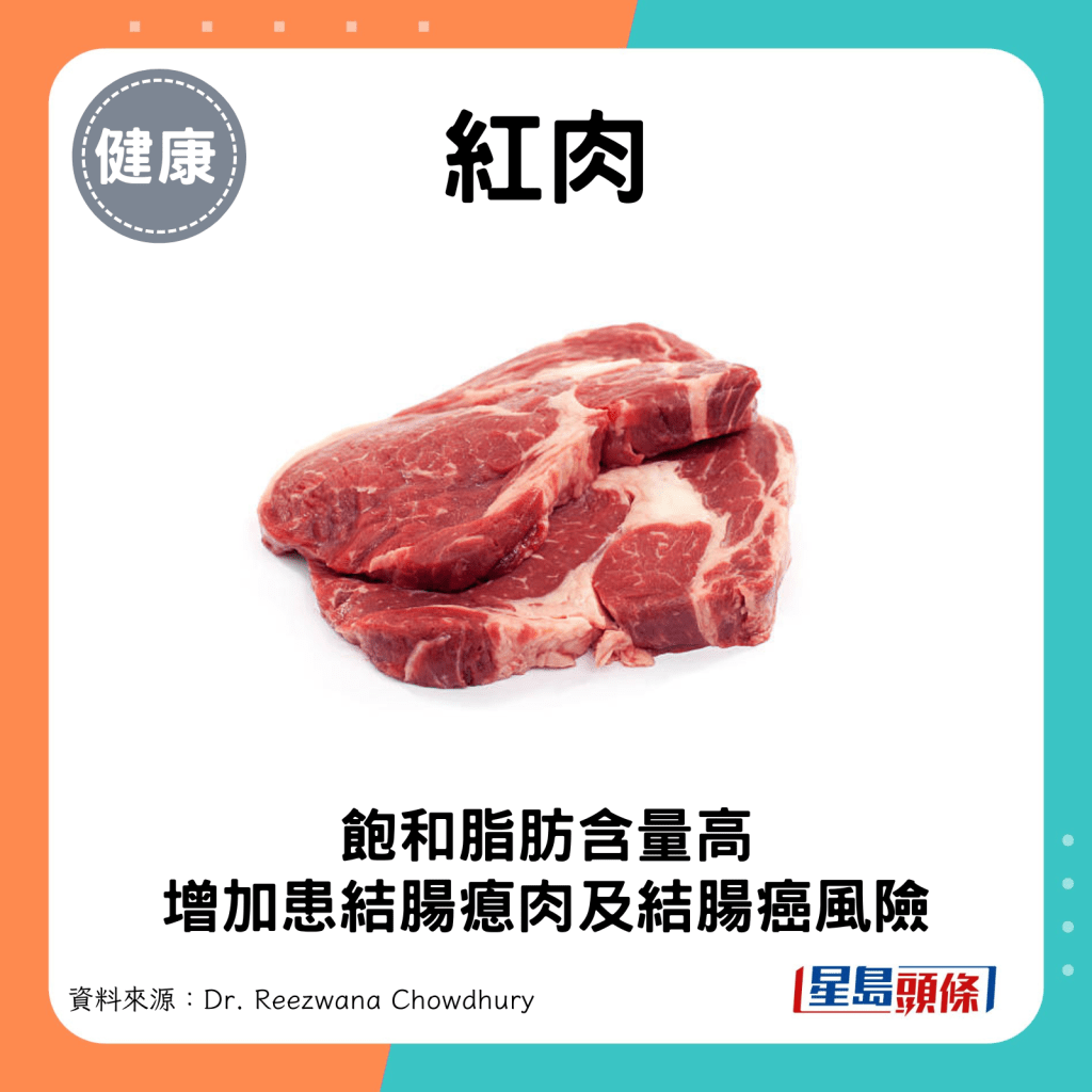红肉：饱和脂肪含量很高，如摄取过量，有机会增加患上结肠瘜肉及结肠癌的风险。