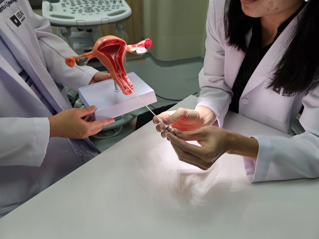 雪卵雪精｜醫生利用儀器及子宮模型示範胚胎植入過程（圖片由希愈醫療提供）