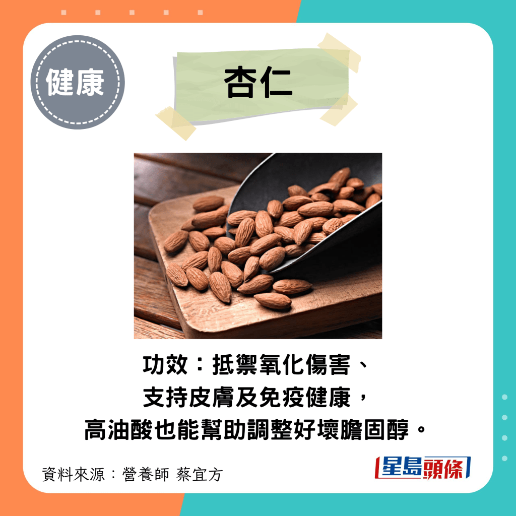 杏仁功效：抵禦氧化傷害、 支持皮膚及免疫健康， 高油酸也能幫助調整好壞膽固醇。