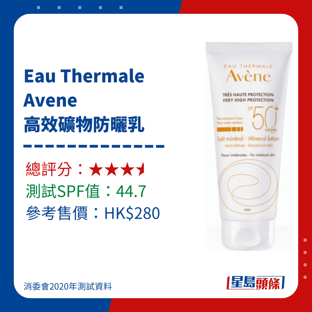 消委會防曬測試評分較低產品名單｜Eau Thermale Avene 高效礦物防曬乳 