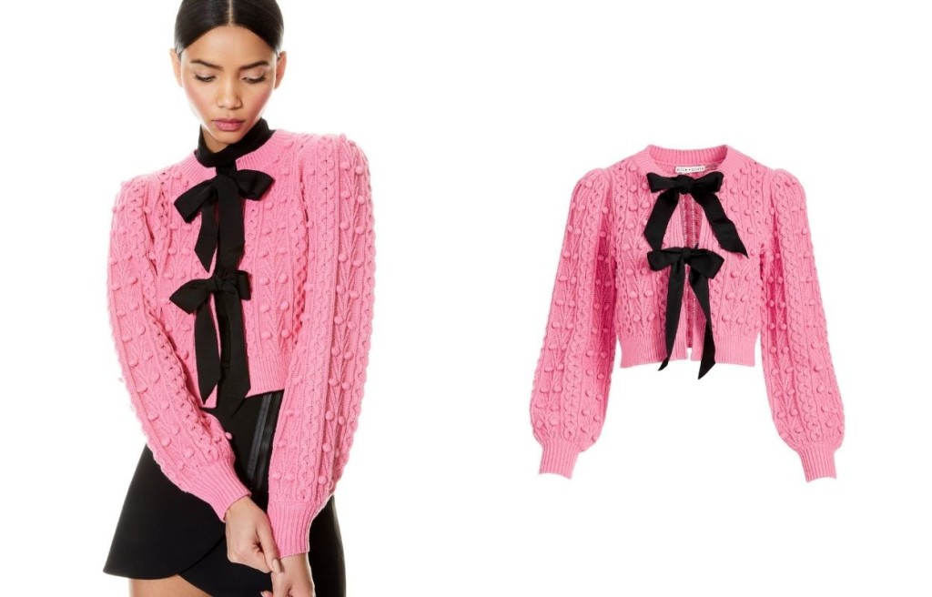 alice + olivia粉紅色針織外套，拼以黑色蝴蝶結。