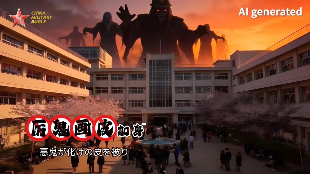 帖文更用人工智能（AI）生成一段MV，畫面出現多個日本軍國主義場面在文體領域出現。