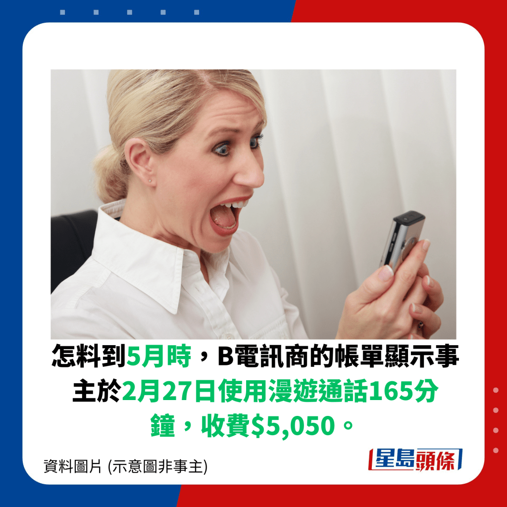 怎料到5月時，B電訊商的帳單顯示事主於2月27日使用漫遊通話165分鐘，收費$5,050。