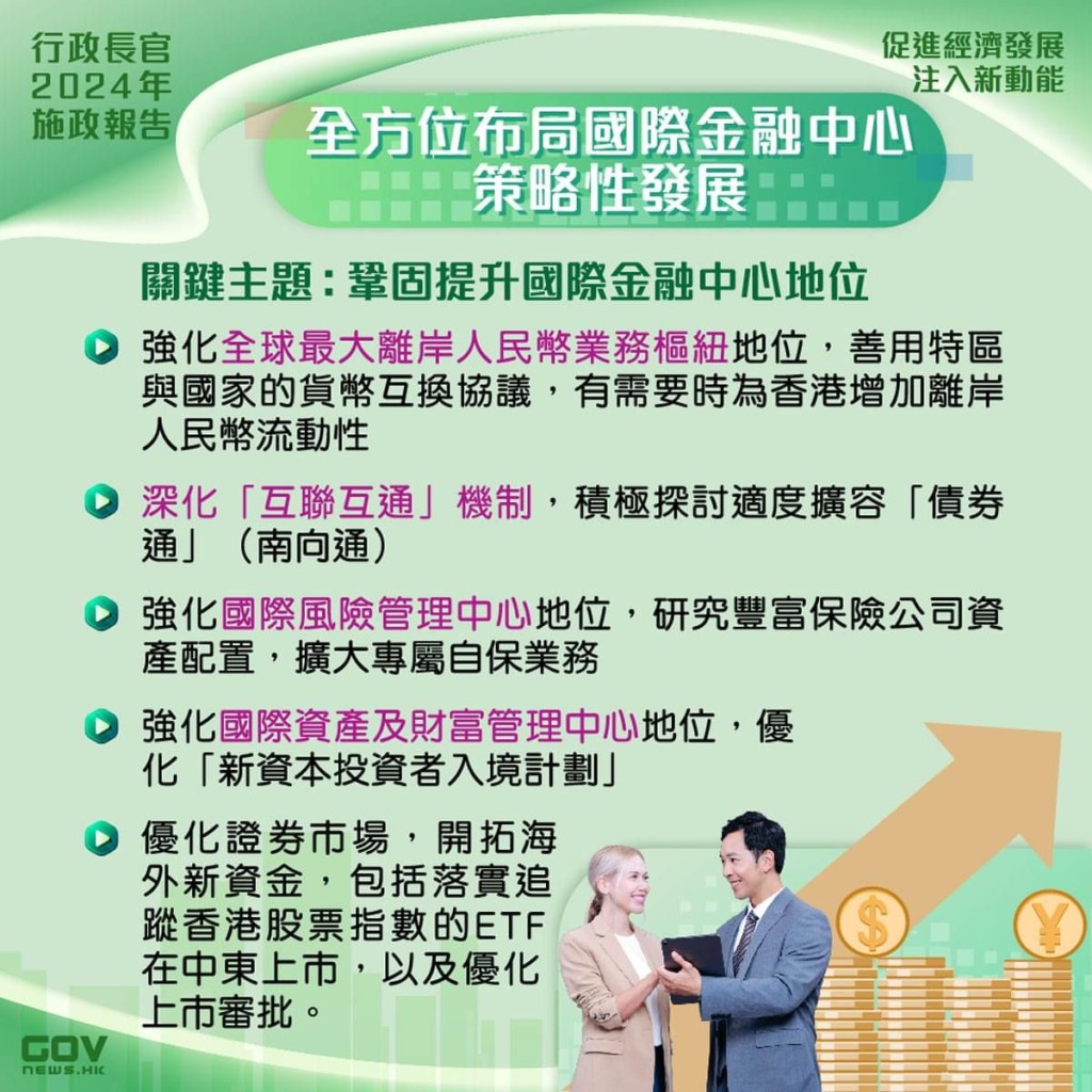 政府积极与内地商讨为「债券通」（南向通）适度扩容，包括扩大合资格境内投资者范围