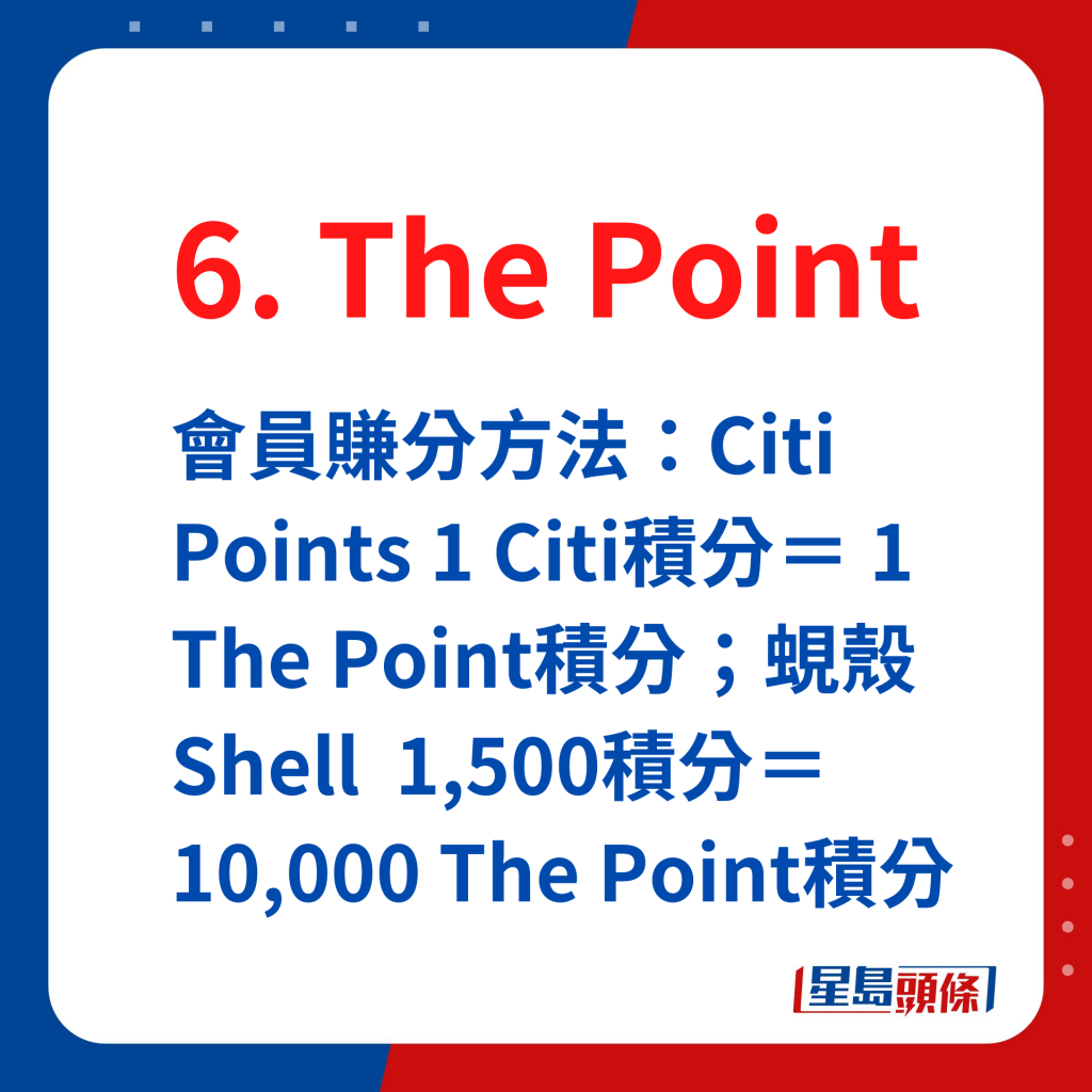 The Point會員賺分方法：Citi Points 1 Citi積分＝ 1 The Point積分；蜆殼Shell  1,500積分＝10,000 The Point積分