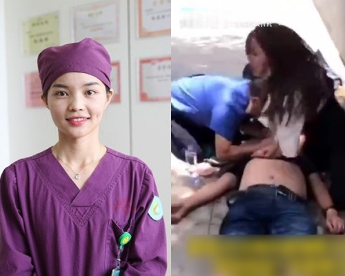廣州女護士跪地心肺復甦救人，網民大讚人美心善。(網圖)
