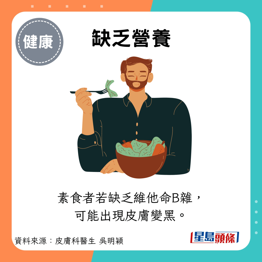 缺乏营养：素食者若缺乏维他命B杂， 可能出现皮肤变黑。