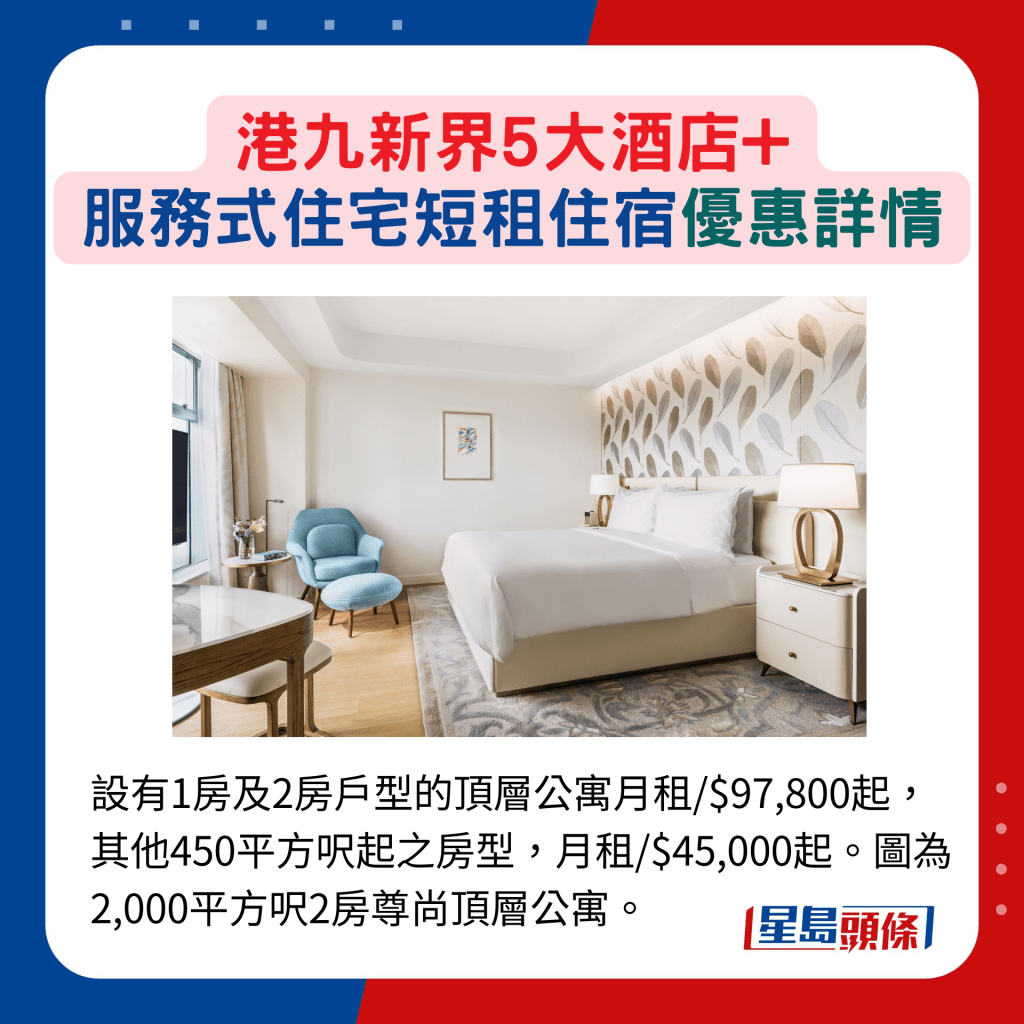 設有1房及2房戶型的頂層公寓月租/$97,800起，其他450平方呎起之房型，月租/$45,000起。圖為2,000平方呎2房尊尚頂層公寓。