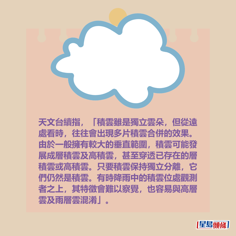天文台續指,「積雲雖是獨立雲朵,但從遠 處看時,往往會出現多片積雲合併的效果。 由於一般擁有較大的垂直範圍,積雲可能發 展成層積雲及高積雲,甚至穿透已存在的層 積雲或高積雲。只要積雲保持獨立分離,它 們仍然是積雲。有時降雨中的積雲位處觀測 者之上,其特徵會難以察覺,也容易與高層 雲及雨層雲混淆」。 天文台續指,「積雲雖是獨立雲朵,但從遠 處看時,往往會出現多片積雲合併的效果。 由於一般擁有較大的垂直範圍,積雲可能發 展成層積雲及高積雲,甚至穿透已存在的層 積雲或高積雲。只要積雲保持獨立分離,它 們仍然是積雲。有時降雨中的積雲位處觀測 者之上,其特徵會難以察覺,也容易與高層 雲及雨層雲混淆」。