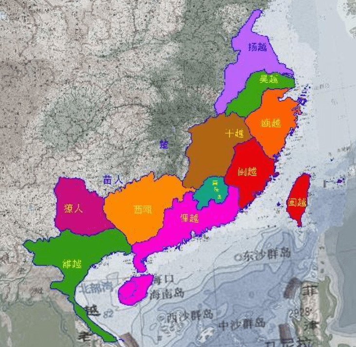 冼夫人招抚百越，使岭南局势安定下来，图为古百越地图。