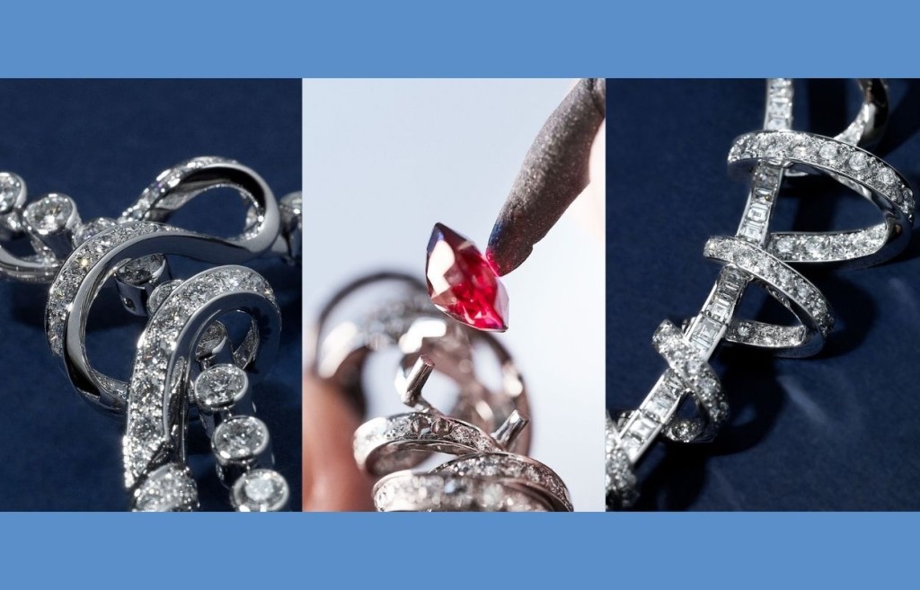 交織而成的形狀在鬆開後變成一個個迷人的線圈,透過貴金屬與寶石凝住動作的瞬間美態。