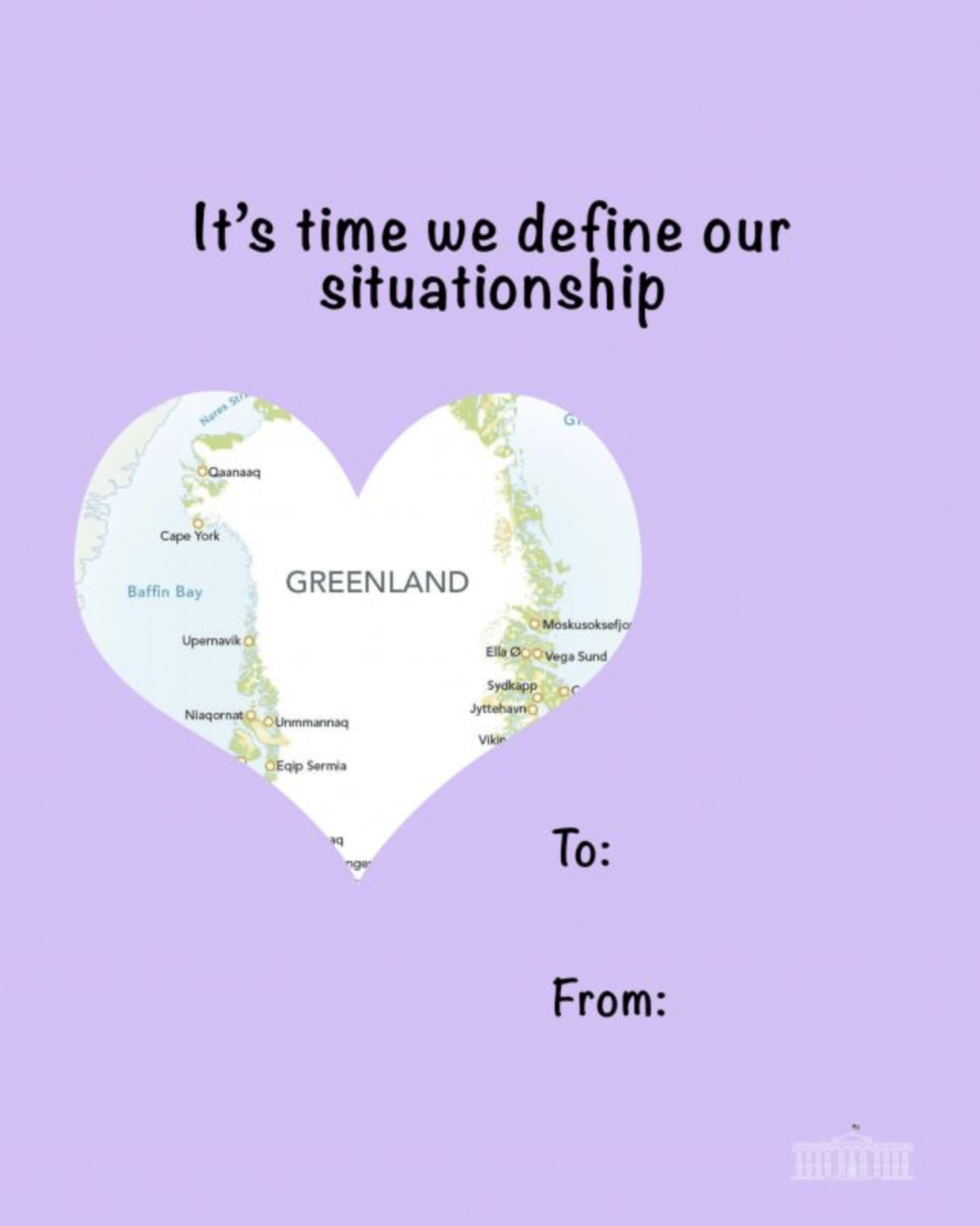 最後一張卡片則向北大西洋自治地區——格陵蘭「示愛」,稱「是時候定義我們之間的曖昧關係了」,反映特朗普政府覬覦格陵蘭之心。 最後一張卡片則向北大西洋自治地區——格陵蘭「示愛」,稱「是時候定義我們之間的曖昧關係了」,反映特朗普政府覬覦格陵蘭之心。