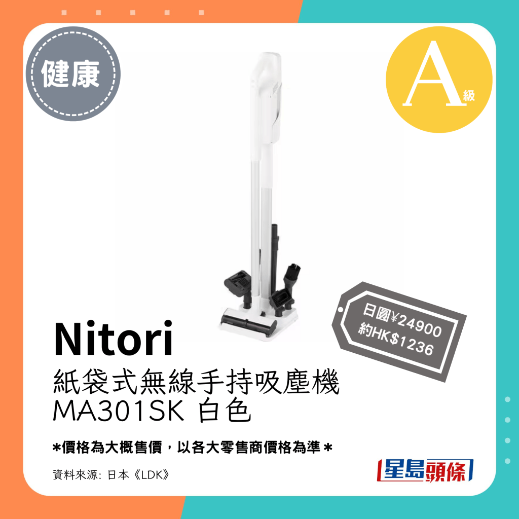 A级 第2位（4.06分）：Nitori 纸袋式无线手持吸尘机 MA301SK 白色（日圆¥24900，约HK$1236）