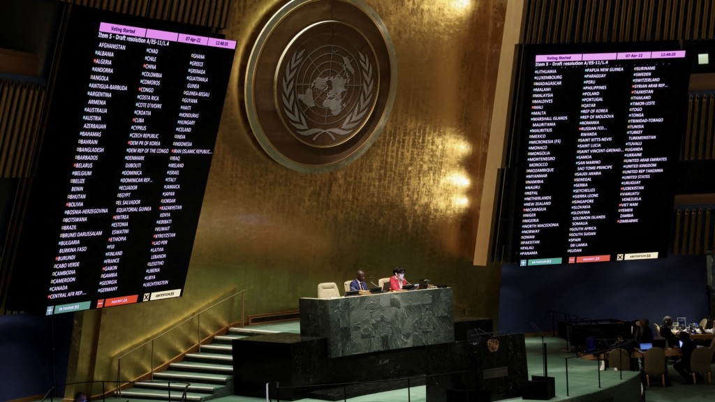 联合国大会于2022年4月7日紧急特别会议上投票，暂停俄罗斯的人权理事会成员资格。 路透社