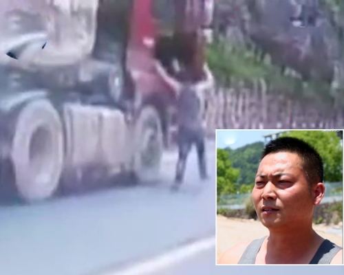 貨車失控衝下坡,勇男劉文忠狂奔追上,奮力躍入車內拉住手掣剎車。(網圖)