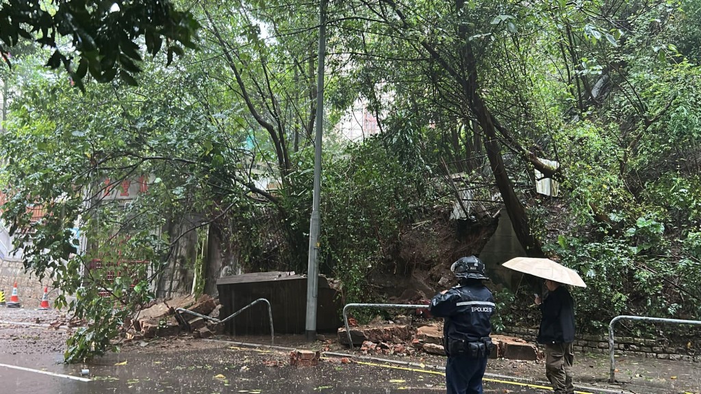 灣仔加路連山道山坡石塊塌下壓毀欄杆。土力場FB圖片
