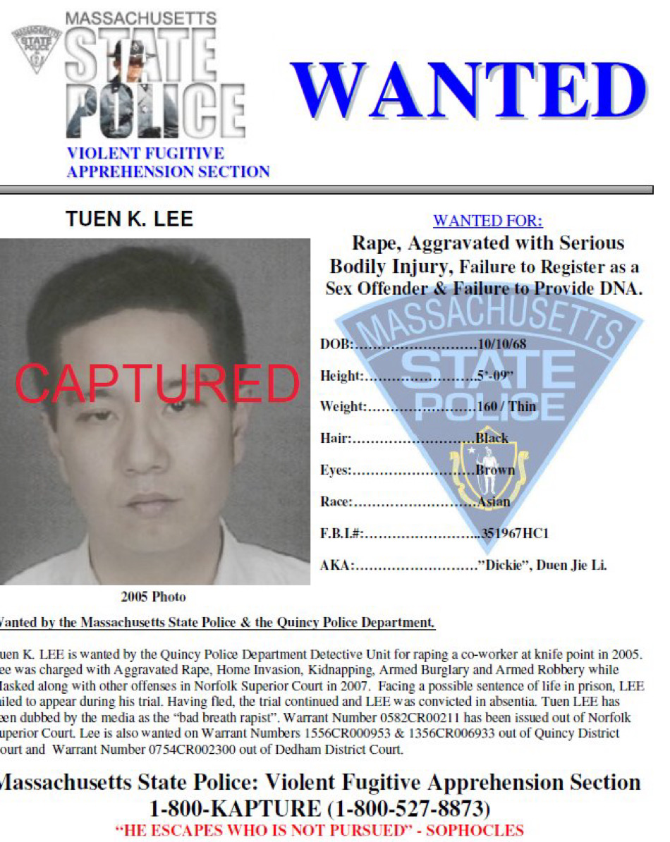麻省警方更新通緝公告，宣布李端傑已落網。