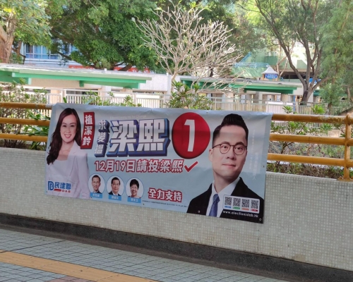 小西灣上邨有海報，顯示植潔鈴為民建聯候選人助選。街坊提供