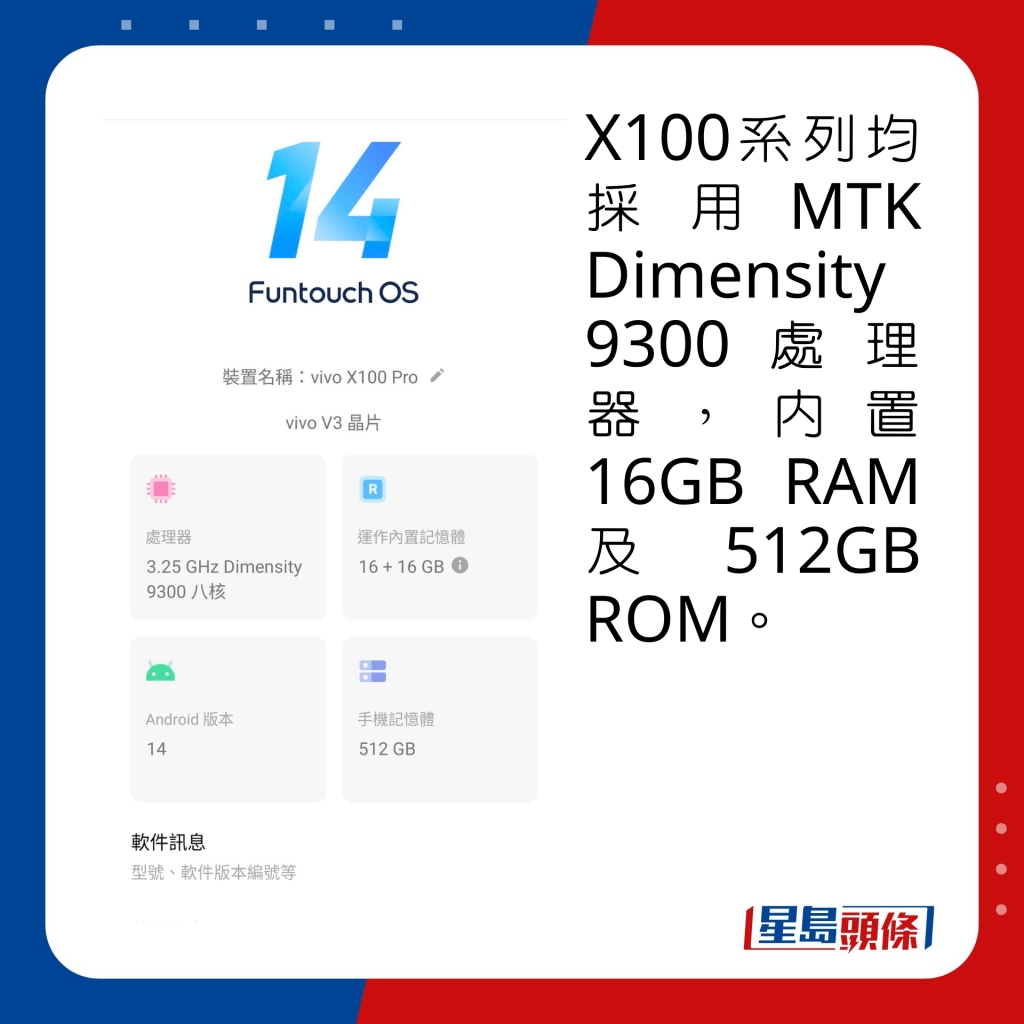 X100系列均采用MTK Dimensity 9300处理器，内置16GB RAM及512GB ROM。