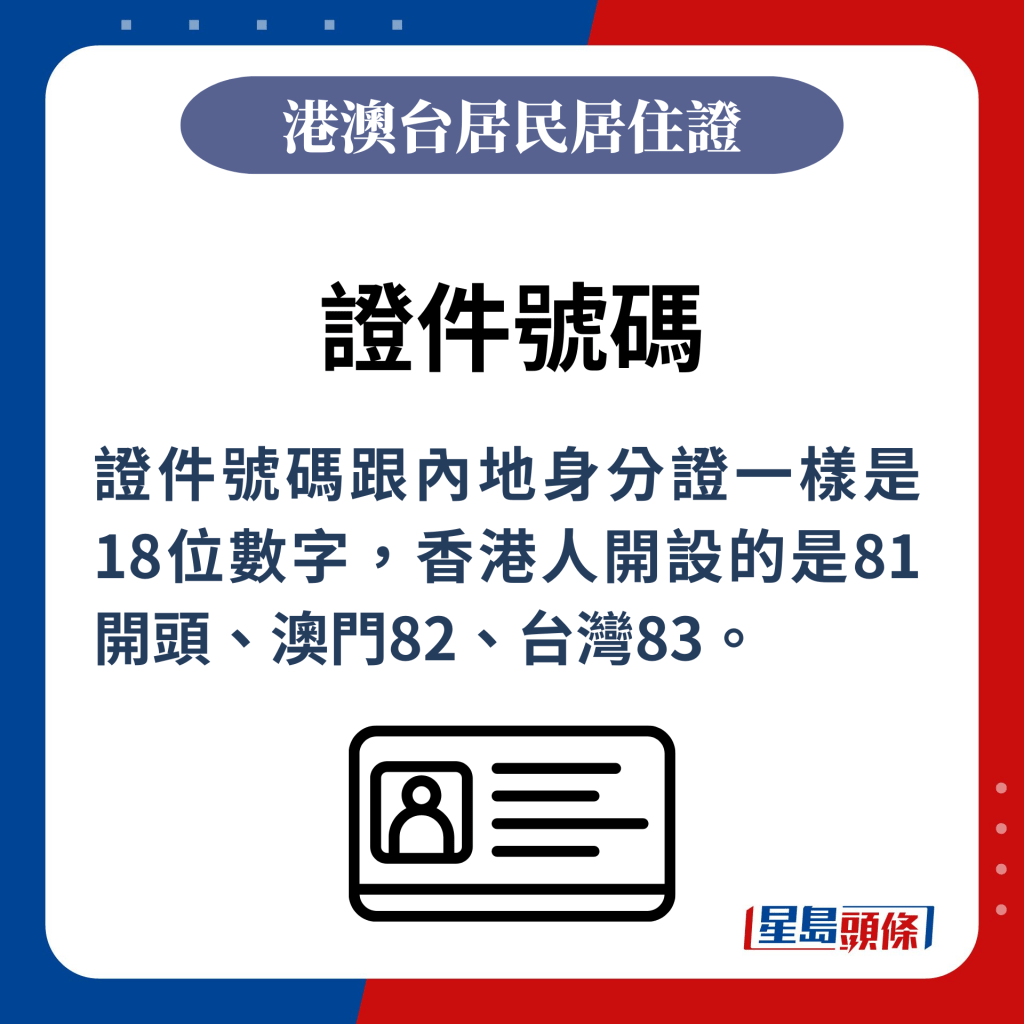 證件號碼跟內地身分證一樣是18位數字，香港人開設的是81開頭、澳門82、台灣83。
